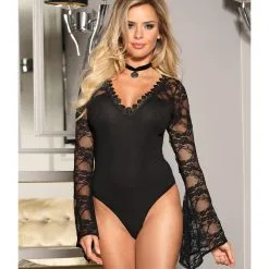 LOVE AND VIBES Body Sexy Noir à Manches Longues